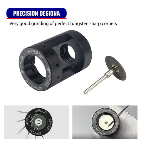 Cordless Tungsten Electrode Sharpener Grinder With 12 Holes For TIG Welding, close-up of sharpening head and cutting disc