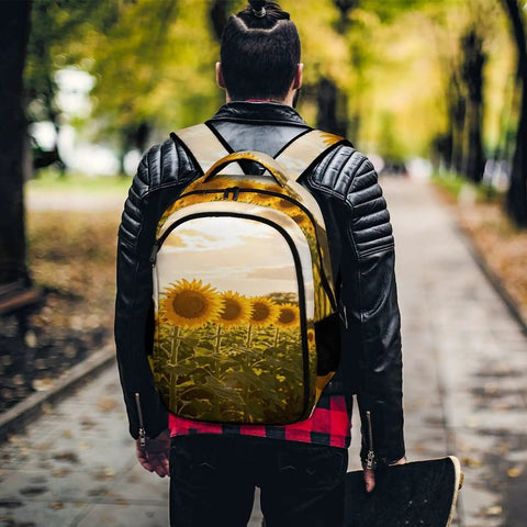 Man wearing Sunflower Farm Barn Landscape Backpack For Daily Carry And Everyday Use Unisex Large Capacity Daypack with polyester.