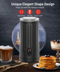 4 In 1 Milk Steamer And Frother For Hot And Cold Foam With Temperature Control And Auto Shut Off shown with coffee and pancakes