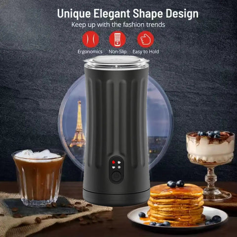 4 In 1 Milk Steamer And Frother For Hot And Cold Foam With Temperature Control And Auto Shut Off shown with coffee and pancakes