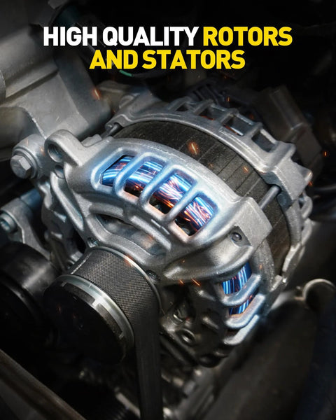 Close-up of Beefed Up 90 Amp 12V Alternator With CW Rotation And Seven Groove Pulley installed in engine bay.