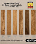 Wood samples showing Premium Golden Oak Oil Based Wood Stain 1 Gallon Semi Transparent Penetrating Formula results on different woods.