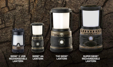 Four lanterns including Siege AA 200-Lumen Lantern with white and red LEDs in a coyote color for camping and emergencies.