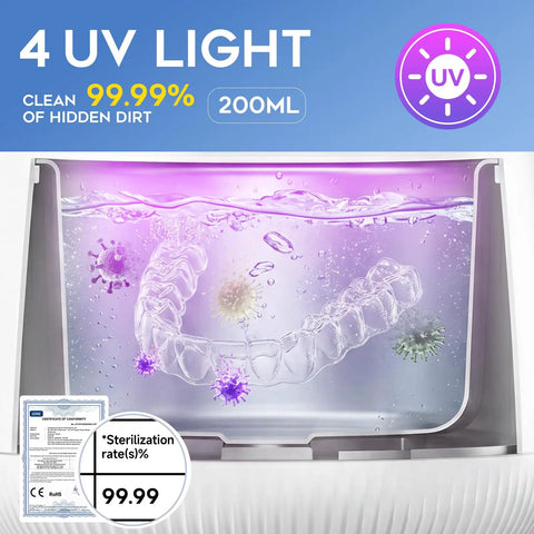 Dynamic Pro Grade 42 to 48 kHz Retainer Cleaner Machine With Digital Timer 200ml Mouth Guard Pod, UV light and clear tray