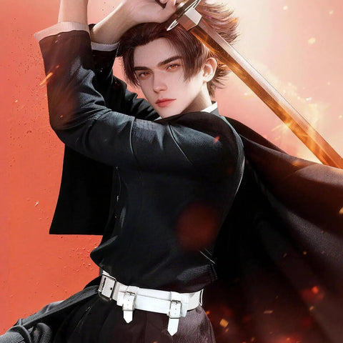 Anime character wielding a katana and wearing a White Katana Sword Belt Leather Holder For Demon Slayer Cosplay Dope Adjustable Sheath Holster.