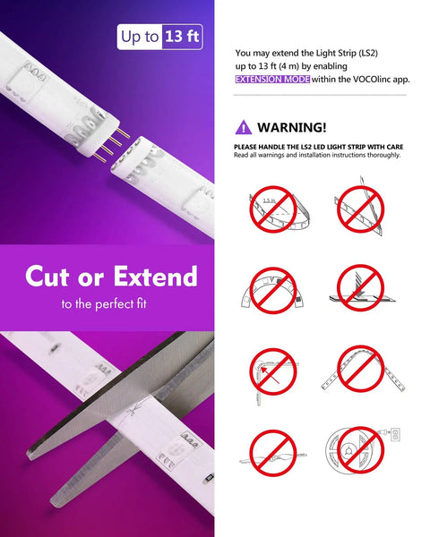LED light strip showing cutting and extension instructions with warnings for up to 13 ft length.