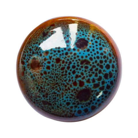 Close-up of a Vintage Blue Glazed Ceramic Cabinet Knob from a 10 Pack, showcasing a smooth glaze finish and classic retro look.