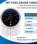 240-33 Ohm Fuel Sending Unit And Gauge Combo For 5 To 27 Inch Tanks, Waterproof Fuel Level Sender With 7 Color Backlight, Multi Signal Gauge For Boats, Marine, Trucks And Automotive Applications. 52mm gauge setup screen with 240-33ohm option