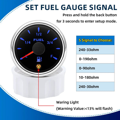 240-33 Ohm Fuel Sending Unit And Gauge Combo For 5 To 27 Inch Tanks, Waterproof Fuel Level Sender With 7 Color Backlight, Multi Signal Gauge For Boats, Marine, Trucks And Automotive Applications. 52mm gauge setup screen with 240-33ohm option