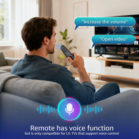 Man using Voice Magic Remote Replacement With Pointer And Voice Control For Smart OLED WebOS TVs while watching TV
