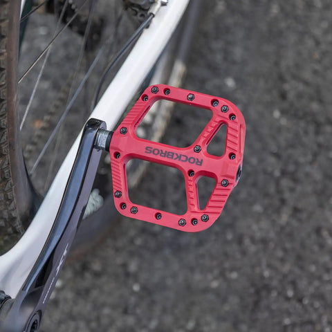 Wide Flat Platform Mountain Bike Pedals 9 By 16 Inch With Nylon Composite Bearings, Lightweight MTB Pedals, Red, Mounted on Bike