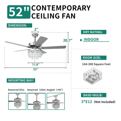 Dope Chandelier Style Ceiling Fan With Remote And Light, 52 Inch Fandelier, black finish, dimensions and specifications diagram