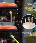 Generator Power Splitter Cord NEMA L5-30P To 3x 5-15R And 5-20R showing twist-lock adapter connected to generator.