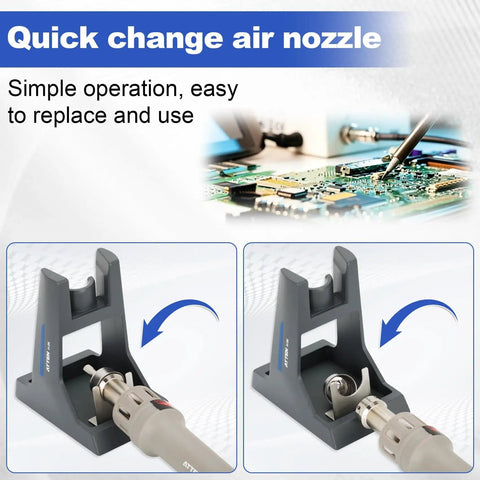 Quick change air nozzle feature on 1000W Lead Free Hot Air Soldering Station with digital display and auto sleep