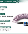 Heavy Duty Polyurethane Coiled Air Hose 1/4 X 25 Ft Self Retracting Spring Design With Quick Connect Coupler And Emissions Plug Kit Built Tough Air Compressor Shop Rig Ready Purple with size and material details.