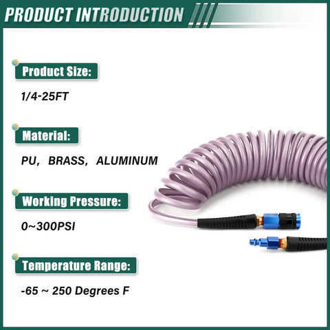 Heavy Duty Polyurethane Coiled Air Hose 1/4 X 25 Ft Self Retracting Spring Design With Quick Connect Coupler And Emissions Plug Kit Built Tough Air Compressor Shop Rig Ready Purple with size and material details.