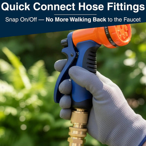 Person holding garden water nozzle with Heavy Duty Brass Garden Hose Quick Connect Fittings Set With Leak Proof Seal Three Quarter Inch Water Hose Connectors