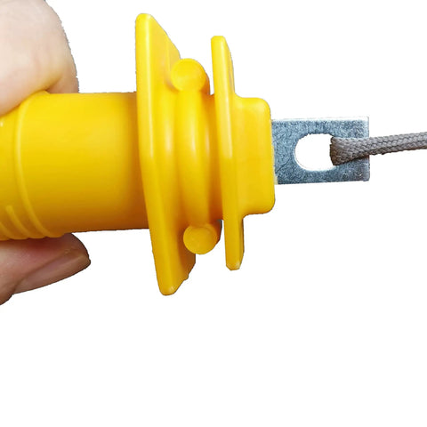Close-up of Yellow Electric Fence Gate Handles 6 Pack Insulated Plastic Rubber Gate Grip in use with gate latch
