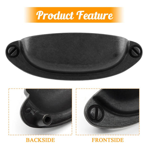 Antique Black Cabinet Cup Pull Handles 3.5 Inch Hole Centers, front and back close-up views, zinc alloy, vintage shell pulls