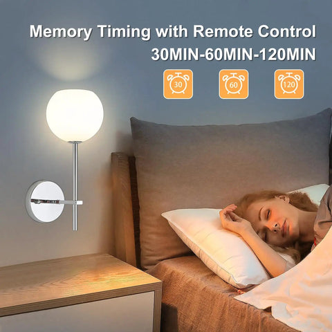 Chrome Battery Operated Wall Sconces Set of 2, Rechargeable Wireless Wall Lights with Milky White Frosted Glass in bedroom.