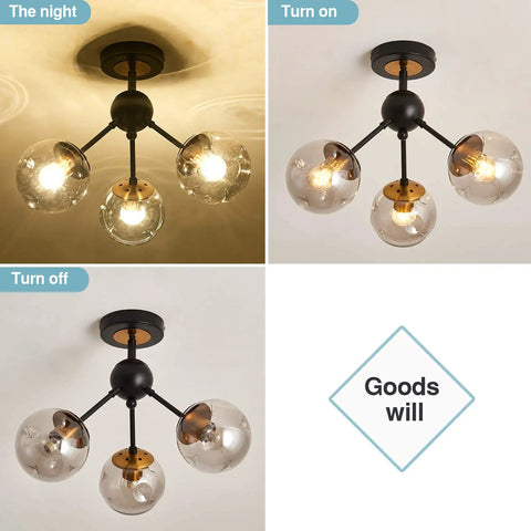 3 Light Vintage Semi Flush Mount Glass Globe Chandelier in Black Finish displayed in different lighting conditions