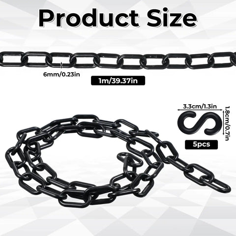 Black Plastic Chain Links Kit 3 Ft Long 6mm Links With 5 S Hooks For Barriers Crowd Control Parking Fences Gates Concerts
