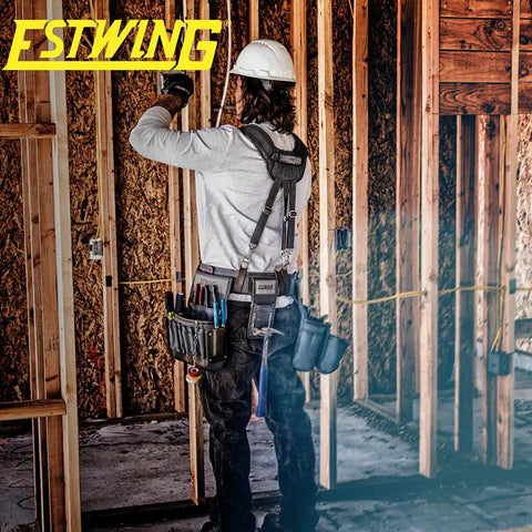 Worker wearing Cooling Mesh Padded Tool Belt Suspenders With Heavy Duty Steel Hardware at construction site, rear view