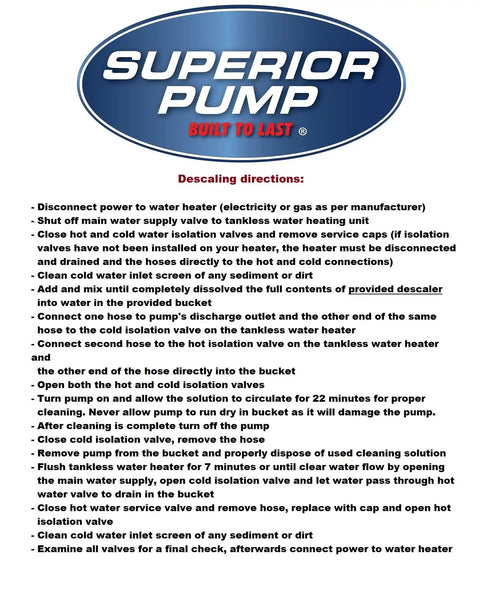 Instructions for Superior Pump descaler kit with provided descaler powder for tankless water heater descale process.