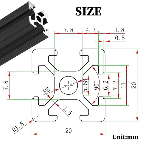 Diagram of Four Piece 39.3 Inch 2020 Aluminum Extrusion With T Slot Rail European Standard Anodized Black showing dimensions