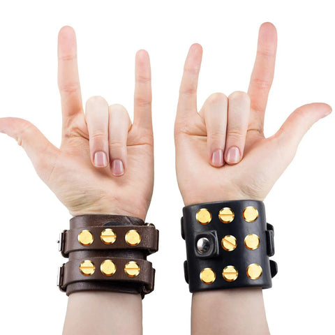Hands displaying "rock on" gesture while wearing 60 Pairs Solid Brass Chicago Screws For Belts And Jeans Including Heavy Duty Hole Punch Kit For Leather Straps And Clothing Repair Built Like A Tank With Corrosion Resistant Gold Finish That Hits Different On Every Project.