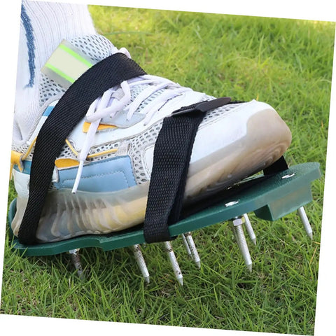 Lawn Aerator Shoes Spikes Replacement Pegs 1.77 Inch Metal Stakes for Yard and Garden Soil Aeration on shoe in use