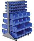 Heavy Duty Double Sided Mobile Rack With 88 Blue Storage Bins featuring a steel frame and casters for easy mobility.