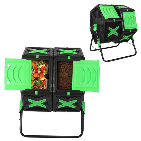 Efficient 140L Dual Chamber Compost Tumbler With Sliding Door Heavy Duty Rotating Outdoor Bin For Yard And Garden No Hassle Setup