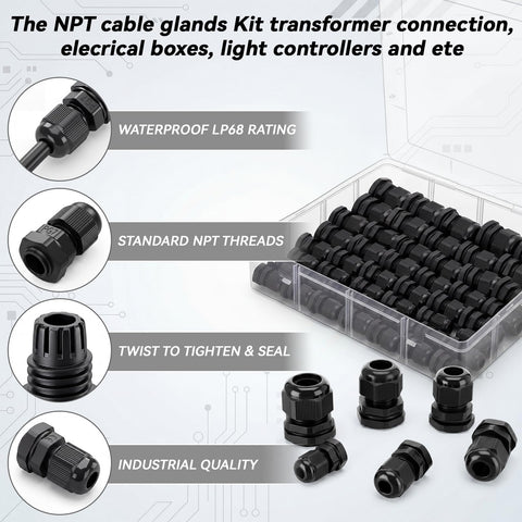 60 Piece Waterproof Cable Gland Kit With IP68 Rating Includes PG7 PG9 PG11 PG13.5 PG16 PG19 Sizes Nylon Construction