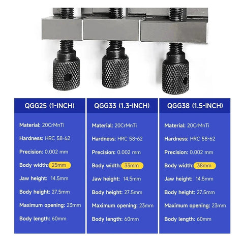Image showing specifications for 1 1.3 Or 1.5 Inch Mini Parallel Jaw Vise With V Type Cross Bench Design.