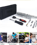 Black and silver tools in front of a closed black toolbox with images of car, bicycle, motorcycle, and device repair below.