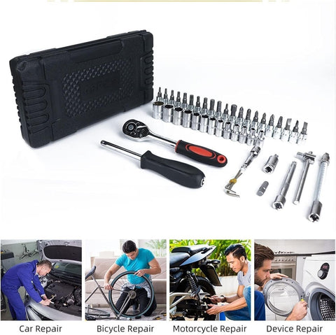 Black and silver tools in front of a closed black toolbox with images of car, bicycle, motorcycle, and device repair below.