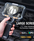 Four Way Articulating Borescope With Dual Lens Endoscope showing engine close-up on large 1080P IPS screen, handheld use