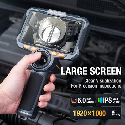 Four Way Articulating Borescope With Dual Lens Endoscope showing engine close-up on large 1080P IPS screen, handheld use