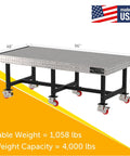 Heavy Duty Mobile Welding Fixture Table With Precision Hole Grid And Smooth Swivel Casters Solid Steel Fabrication Workbench 96 By 48 Inches, showcasing dimensions and weight capacity.
