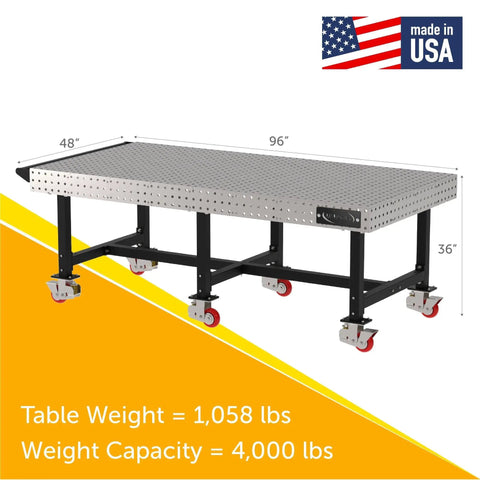 Heavy Duty Mobile Welding Fixture Table With Precision Hole Grid And Smooth Swivel Casters Solid Steel Fabrication Workbench 96 By 48 Inches, showcasing dimensions and weight capacity.