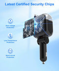 87W Retractable Car Charger With 4 In 1 Fast USB C Charging Hub showcasing certified security chips and safety features.