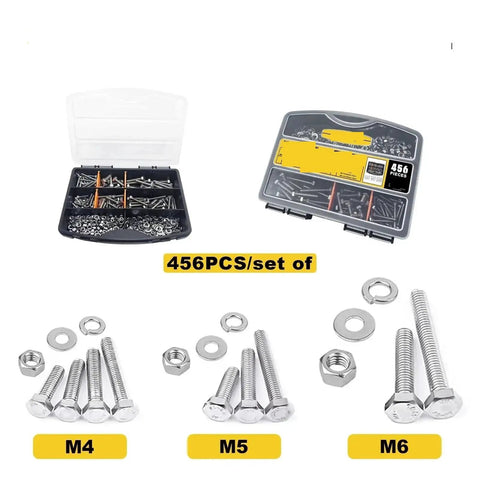 456 Piece 304 Stainless Steel Hex Bolts Nuts And Washers Set M4 M5 M6 Assortment Kit For Home DIY Auto Repair And Metalwork Heavy Duty Durable Fasteners For Strong Long Lasting Threaded Connections Pro Grade Quality, M4 M5 M6 sizes in case