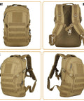 Compact 12L Tactical Backpack For Outdoor Adventures, Molle Compatible Rucksack, front, back, side views, tan, weather resistant
