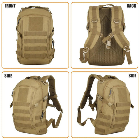 Compact 12L Tactical Backpack For Outdoor Adventures, Molle Compatible Rucksack, front, back, side views, tan, weather resistant