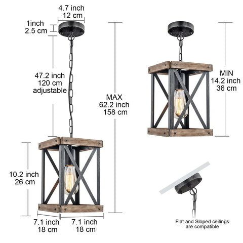 Rustic Farmhouse Pendant Light With Adjustable Metal And Wood Chandelier Fixture For Kitchen Island, Bedroom, Dining Room