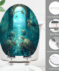 Elongated Resin Toilet Seat for Bathroom featuring sea turtles design, 14.5" x 18.5", quick release stainless steel hinge.