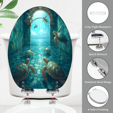 Elongated Resin Toilet Seat for Bathroom featuring sea turtles design, 14.5" x 18.5", quick release stainless steel hinge.