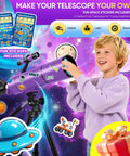 Child adjusting a Portable 80mm Aperture Telescope For Kids And Adults High Power 500mm Refractor with space stickers, colorful background.