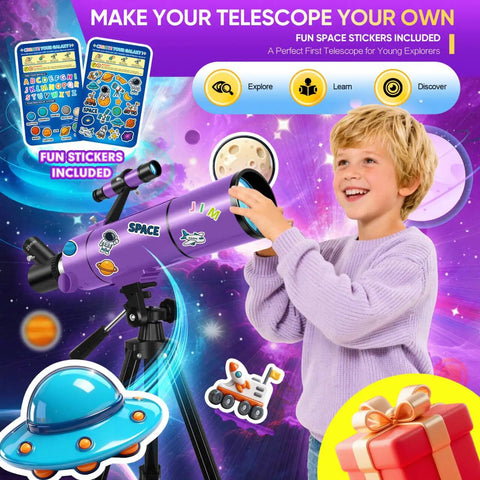 Child adjusting a Portable 80mm Aperture Telescope For Kids And Adults High Power 500mm Refractor with space stickers, colorful background.